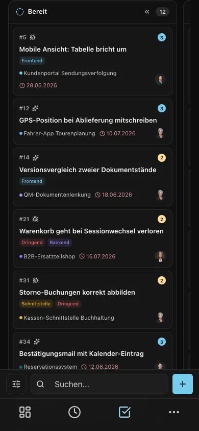 Das Aufgaben-Board auf einem Telefon: die Spalte Bereit mit Aufgabenkarten, darunter Suche und Neu-Schaltfläche