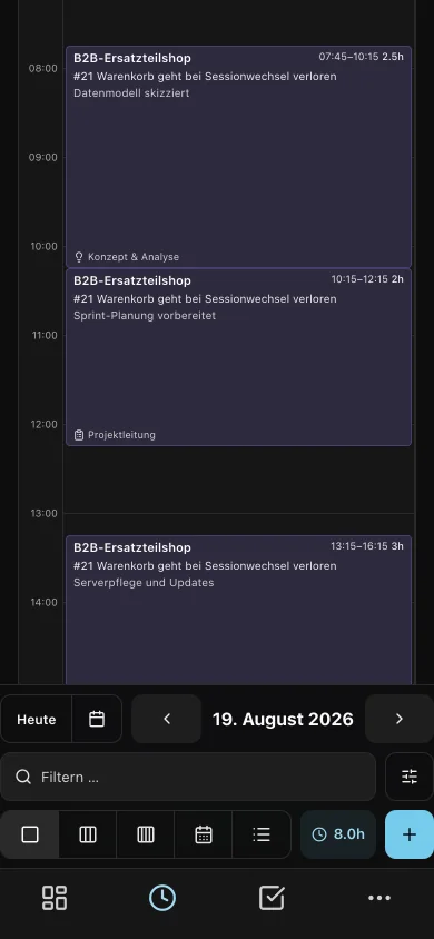 Die Tagesansicht der Zeiterfassung auf einem Telefon mit zwei Zeitblöcken und der Werkzeugleiste am unteren Rand