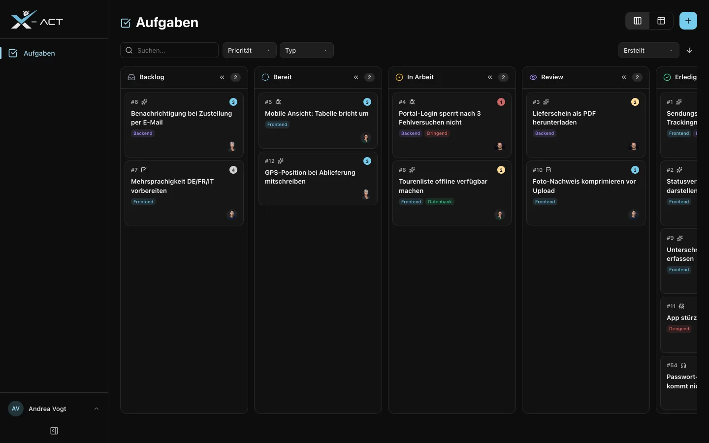 Dasselbe Board aus Sicht eines Kunden: nur die eigenen Projekte, reduzierte Navigation