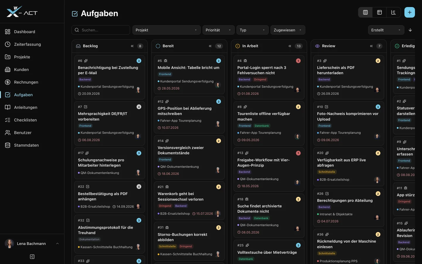 Aufgaben-Board mit allen Projekten aus Sicht eines Mitarbeiters
